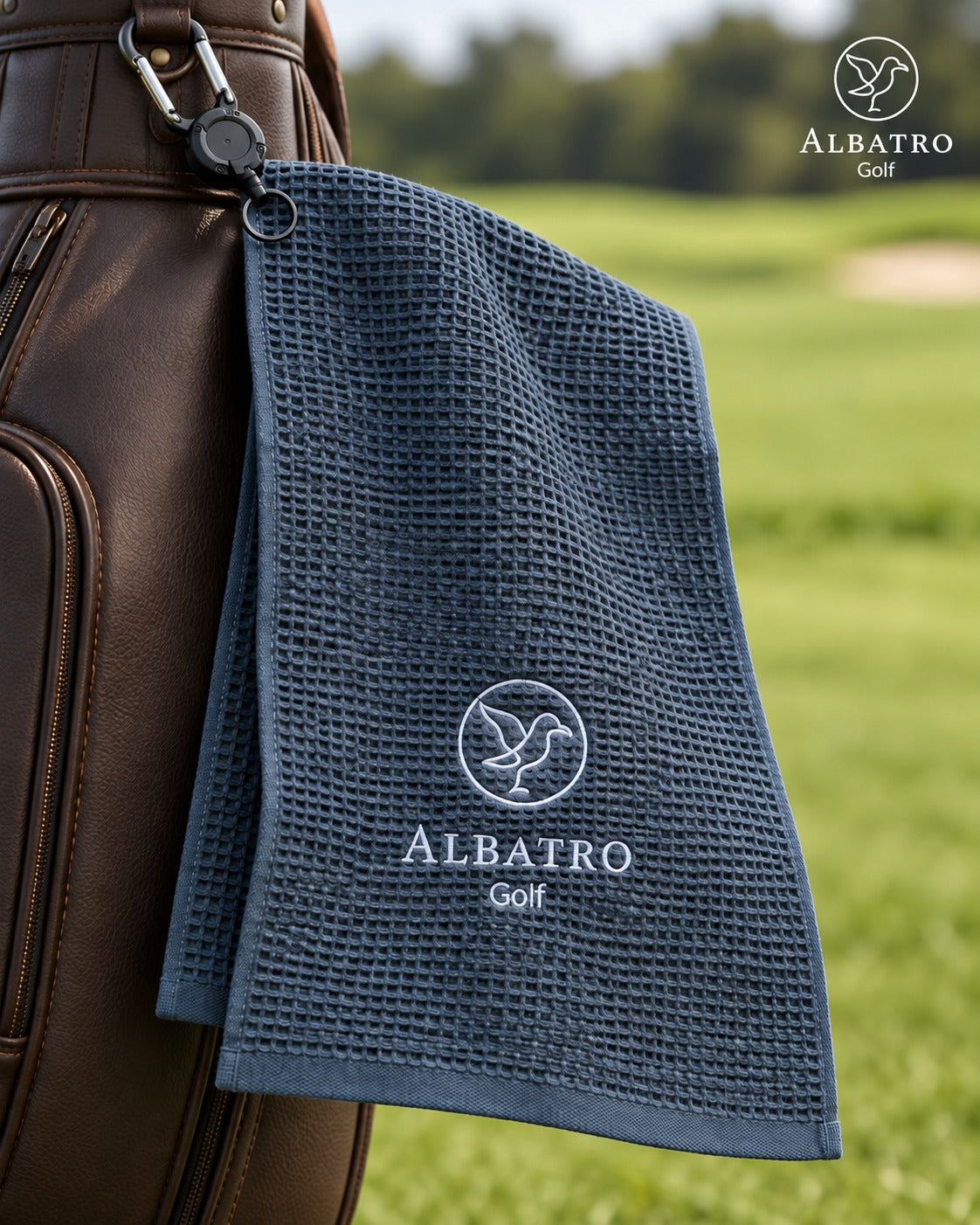 Toalla de golf Albatro con logo bordado colgada de la bolsa de golf con llavero retráctil