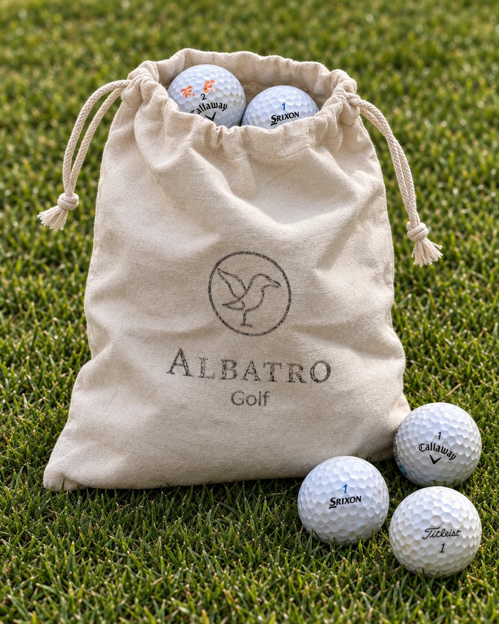 Bolsa de tela Albatro Golf con pelotas de golf usadas AAA sobre pasto