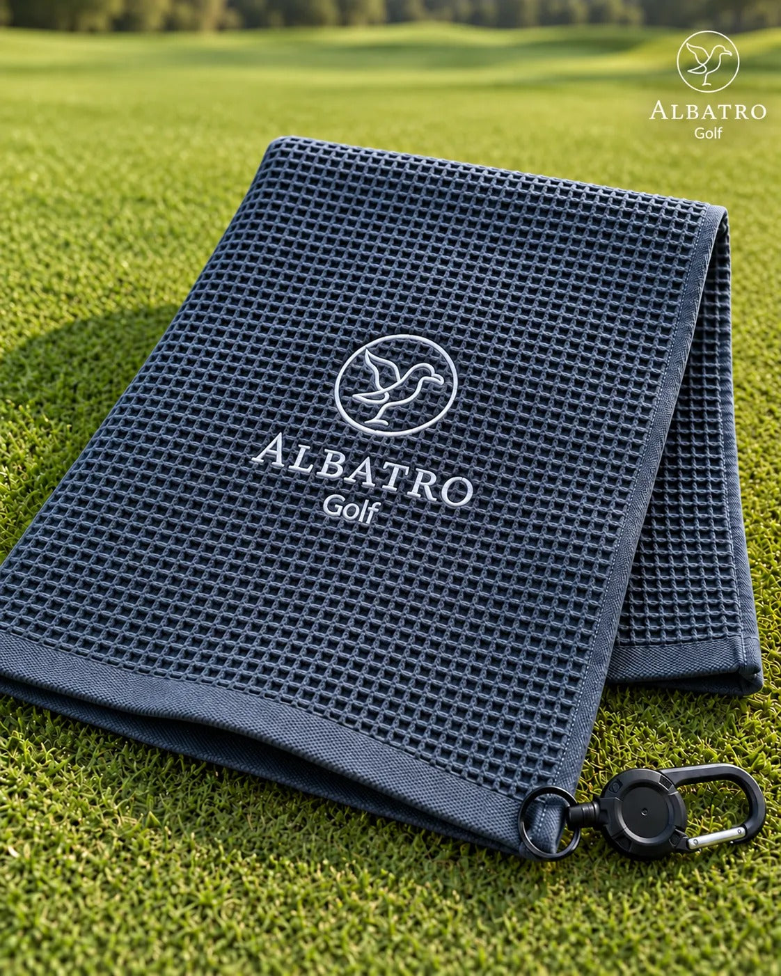Toalla de golf Albatro doblada sobre el green, con logo bordado y llavero retráctil