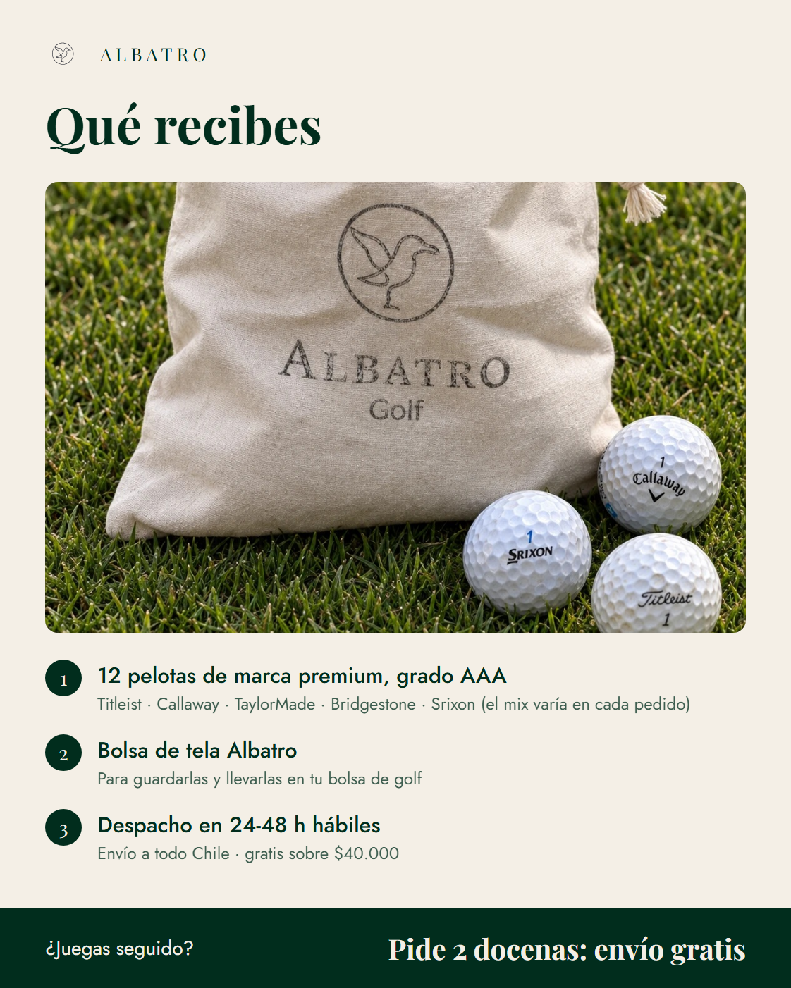 Qué recibes: 12 pelotas de golf usadas AAA, bolsa de tela Albatro y despacho en 24-48 horas hábiles
