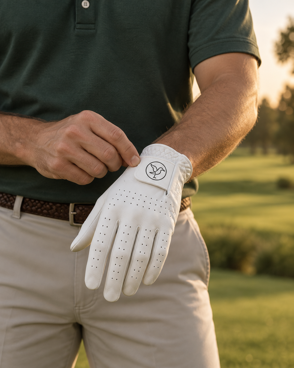 Guante de golf de cuero premium Albatro Players Collection — ajustando el broche en la mano