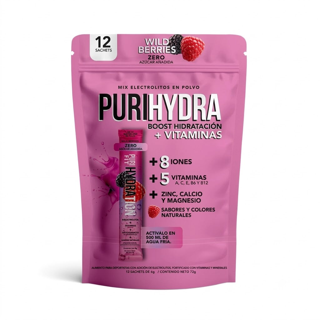 PuriHydra Bebida Isotónica Berries — Doypack 12 sachets