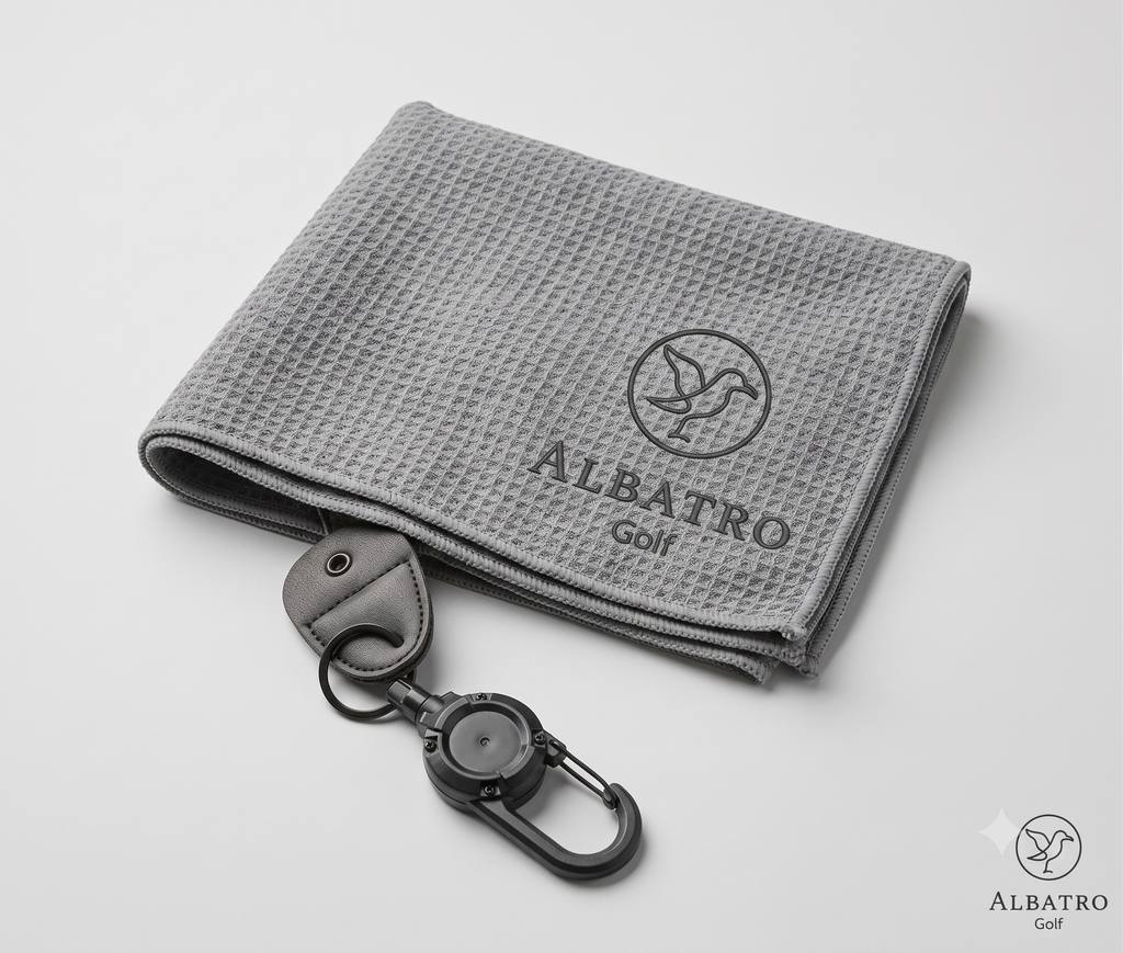 Toalla de golf Albatro Golf de microfibra con logo bordado y llavero retráctil