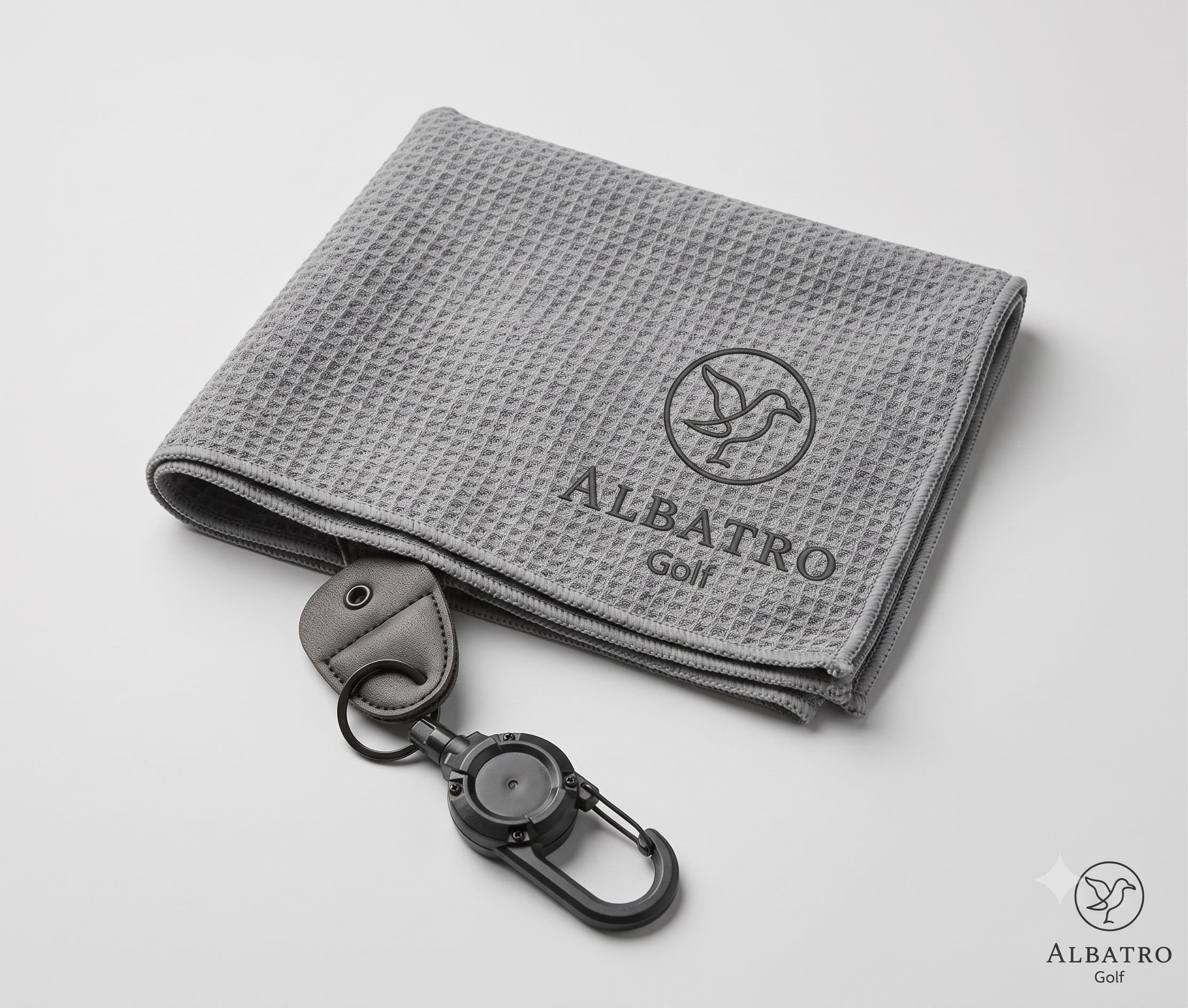 Toalla de golf Albatro Golf de microfibra con logo bordado y llavero retráctil